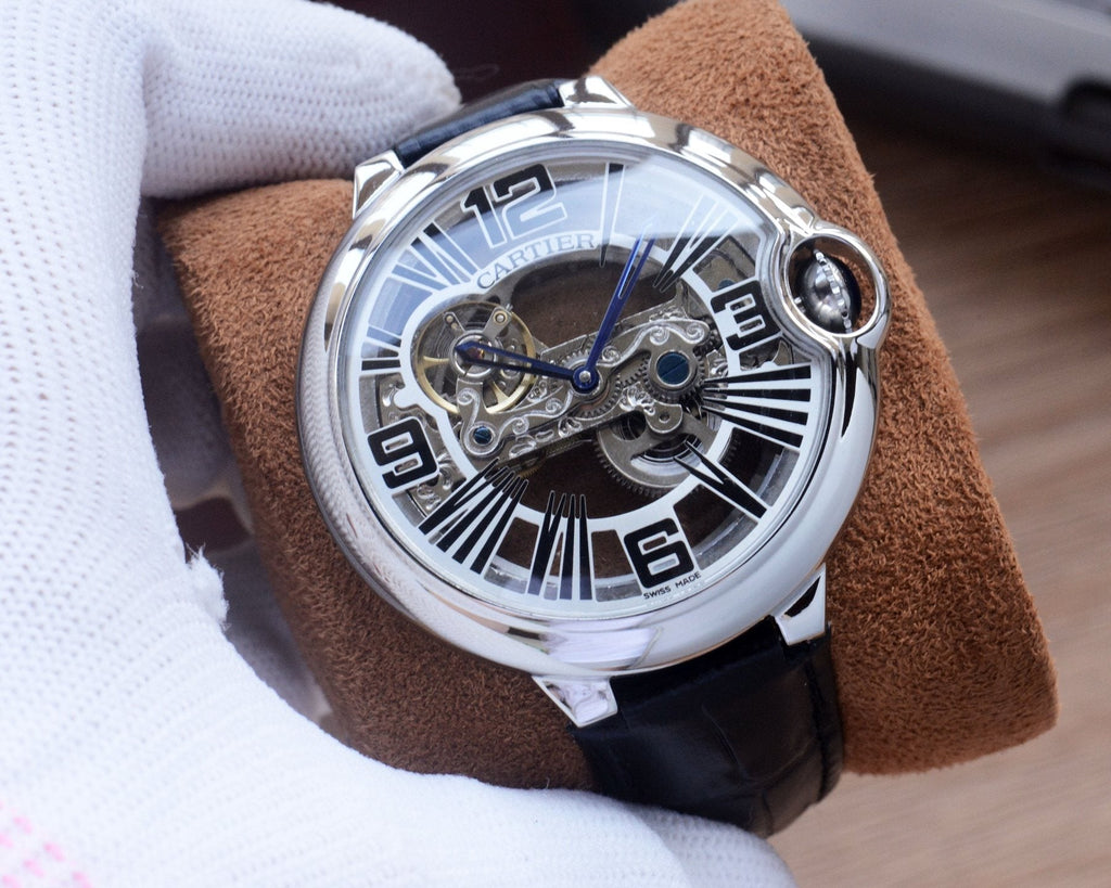 Cartier Black Silver Dial Leather Strap Watch — front