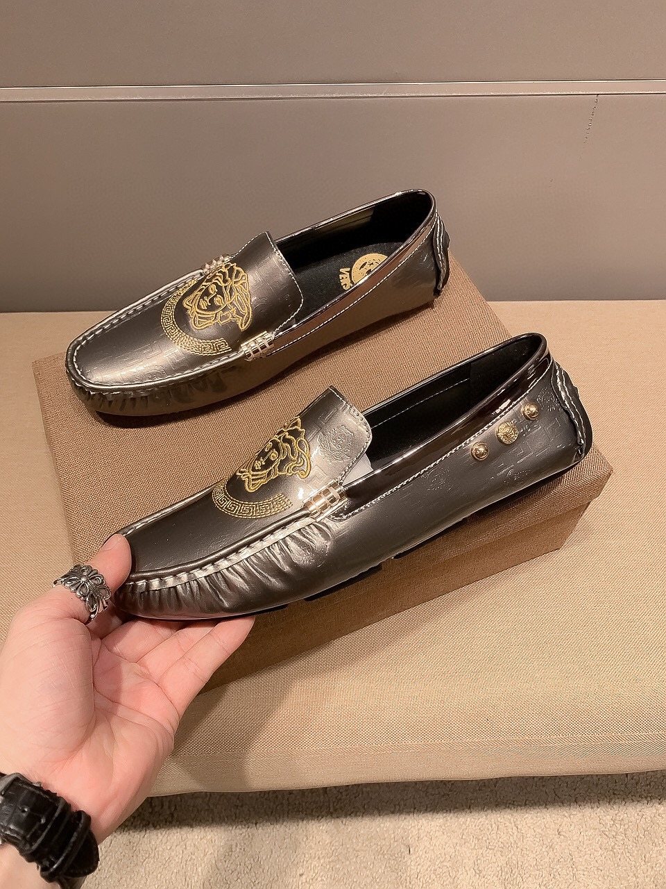 Versace Gunmetal Medusa Loafers — front
