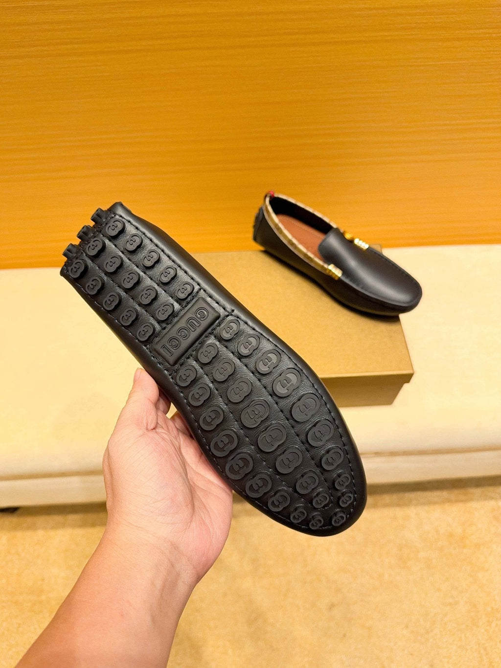 Gucci Black Loafers with Patterned Trim — back