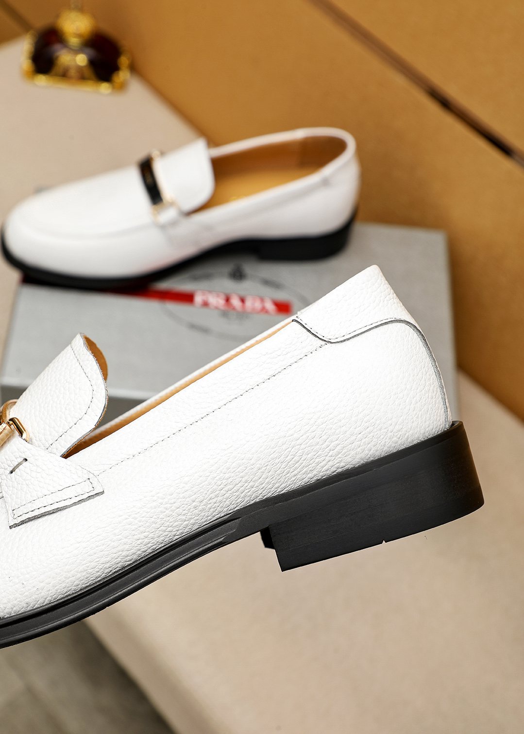 PRADA White Leather Loafers — detail