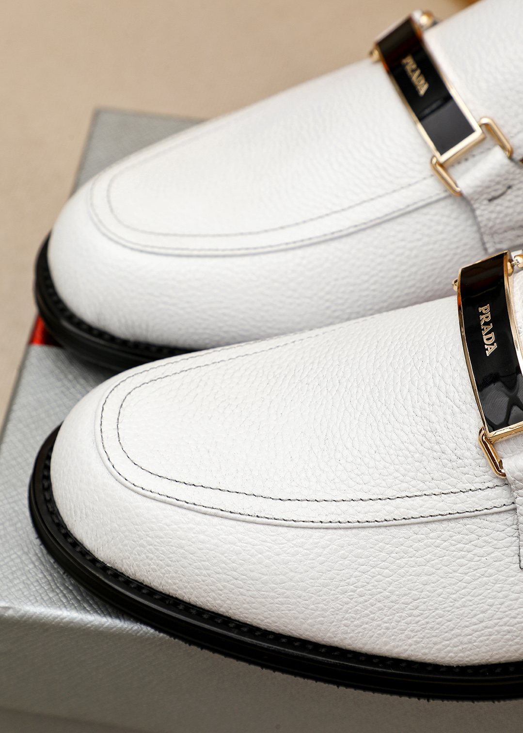 PRADA White Leather Loafers — detail