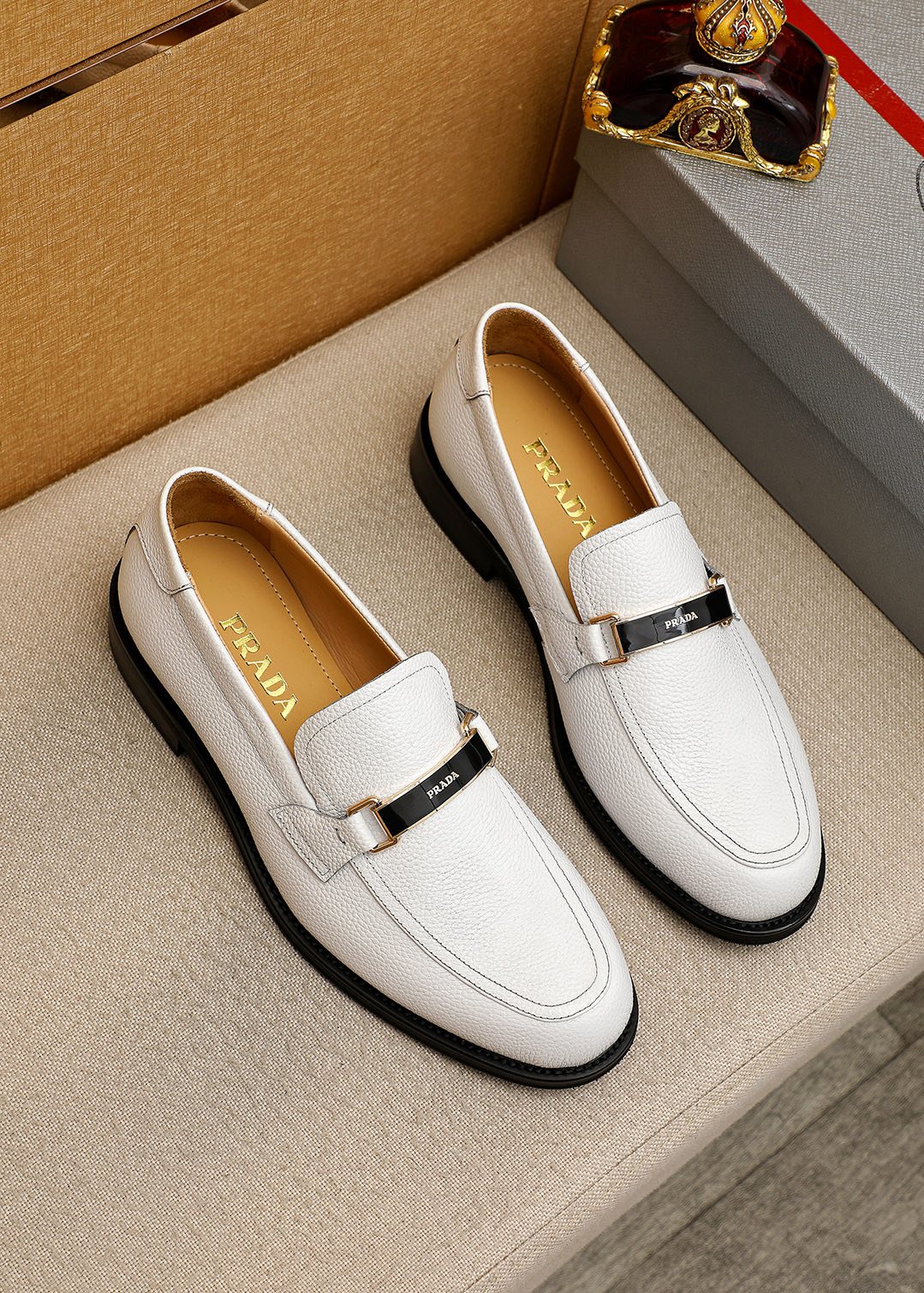 PRADA White Leather Loafers — front
