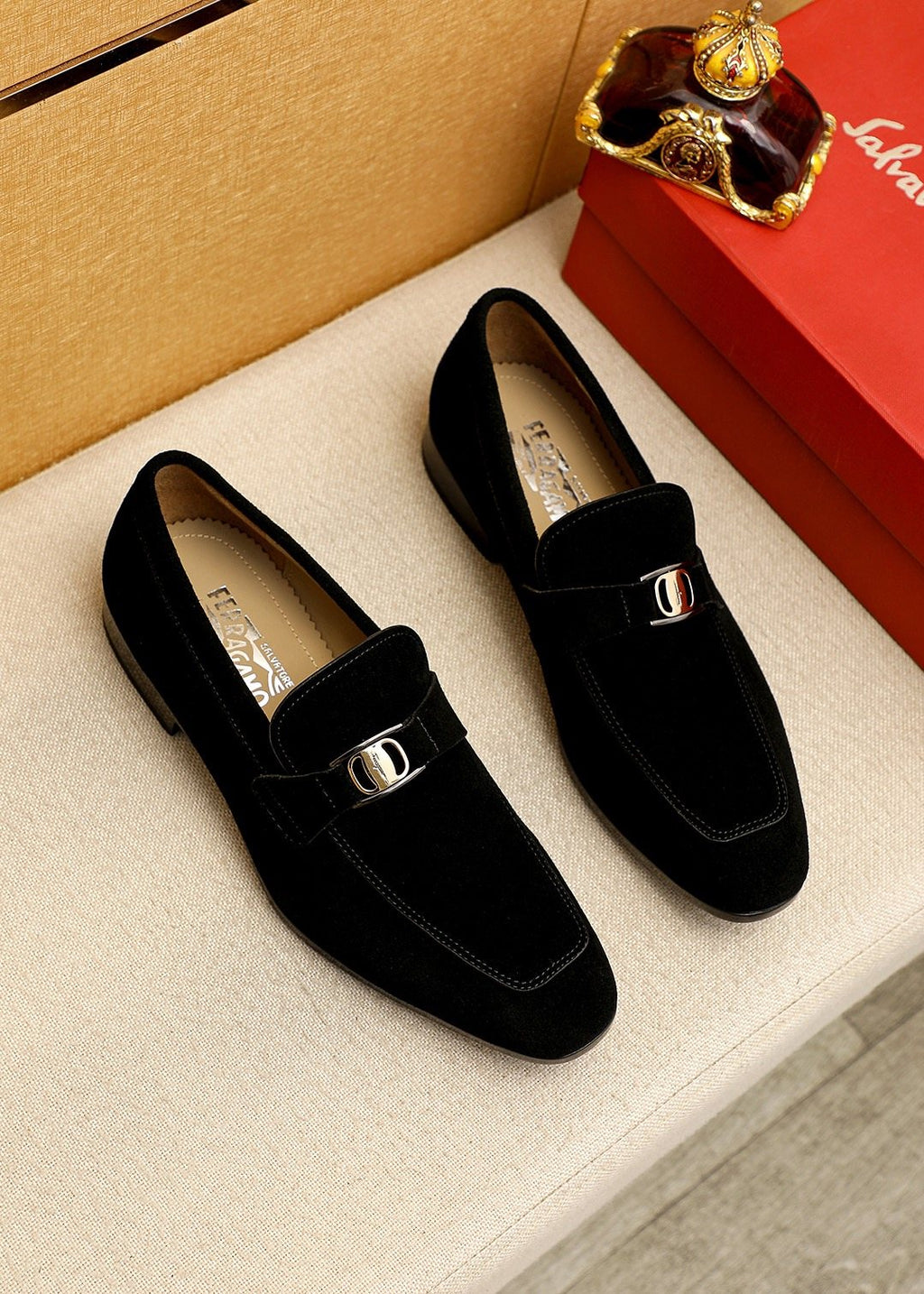 Ferragamo Black Buckle Slip-On Loafers — hero