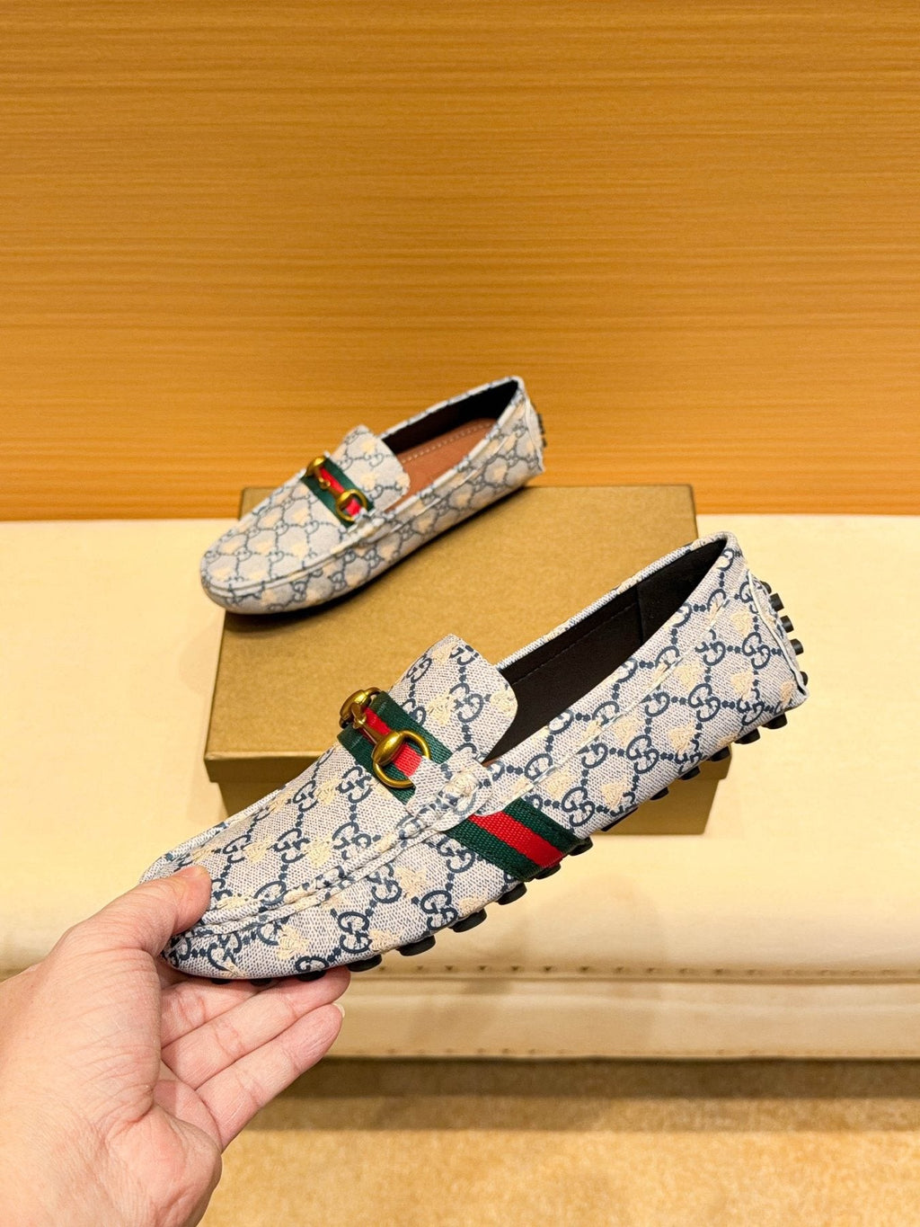 Gucci Patterned Web Driving Loafers — model