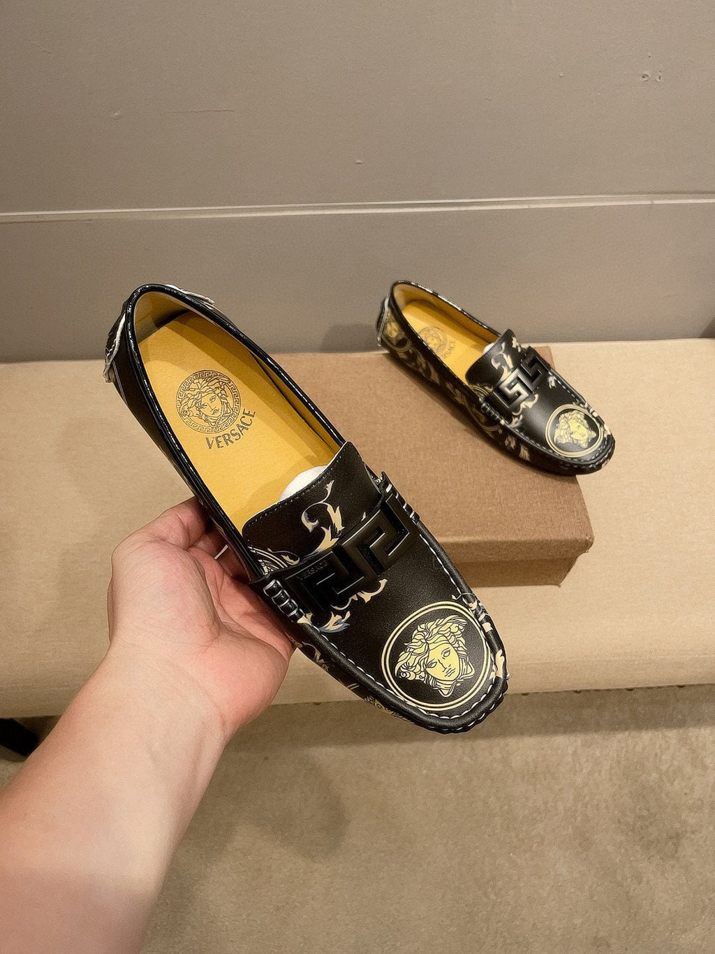 Versace Black & Gold Slip-On Loafers — front