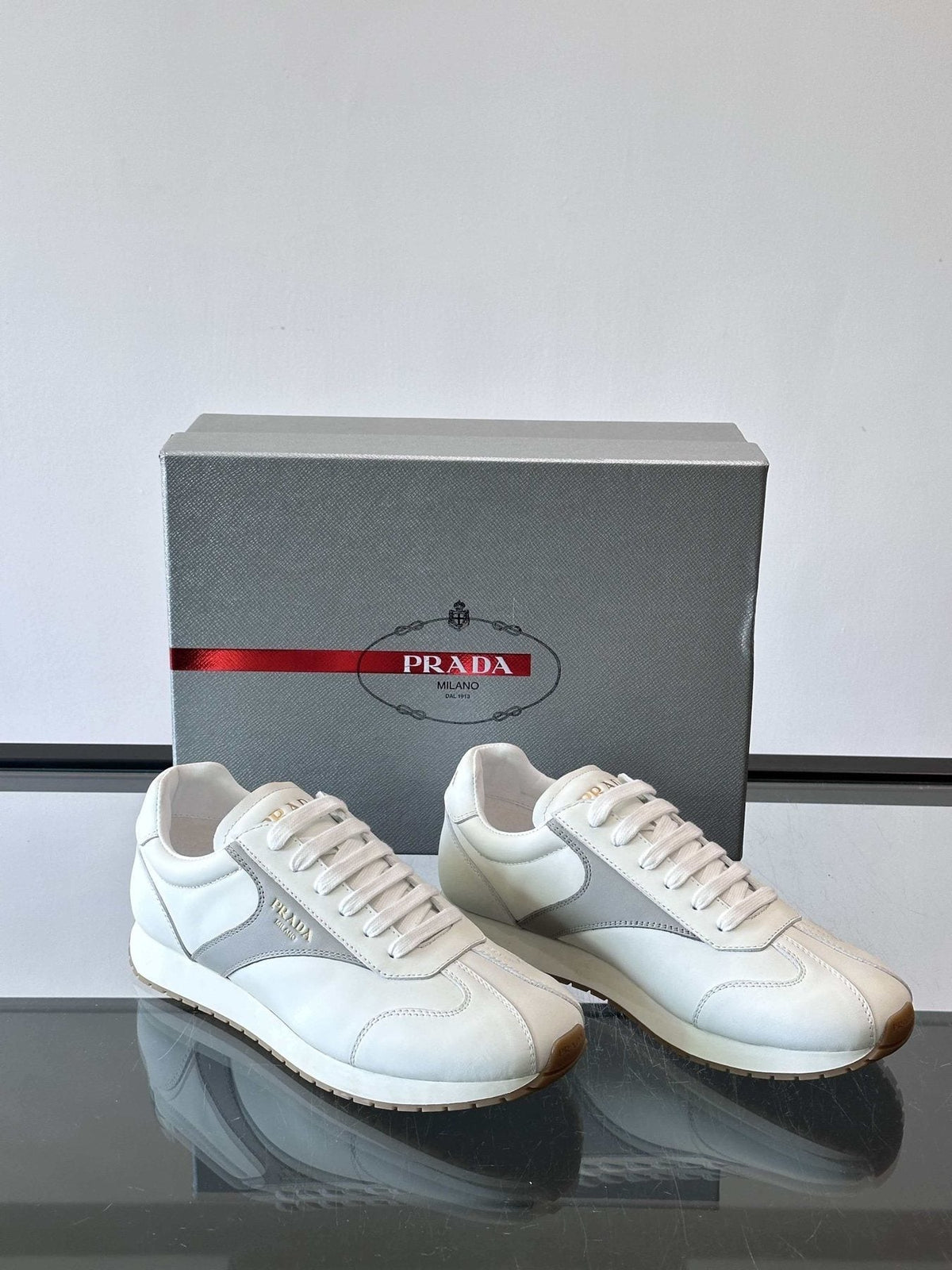 Prada White and Light Gray Sneakers — detail