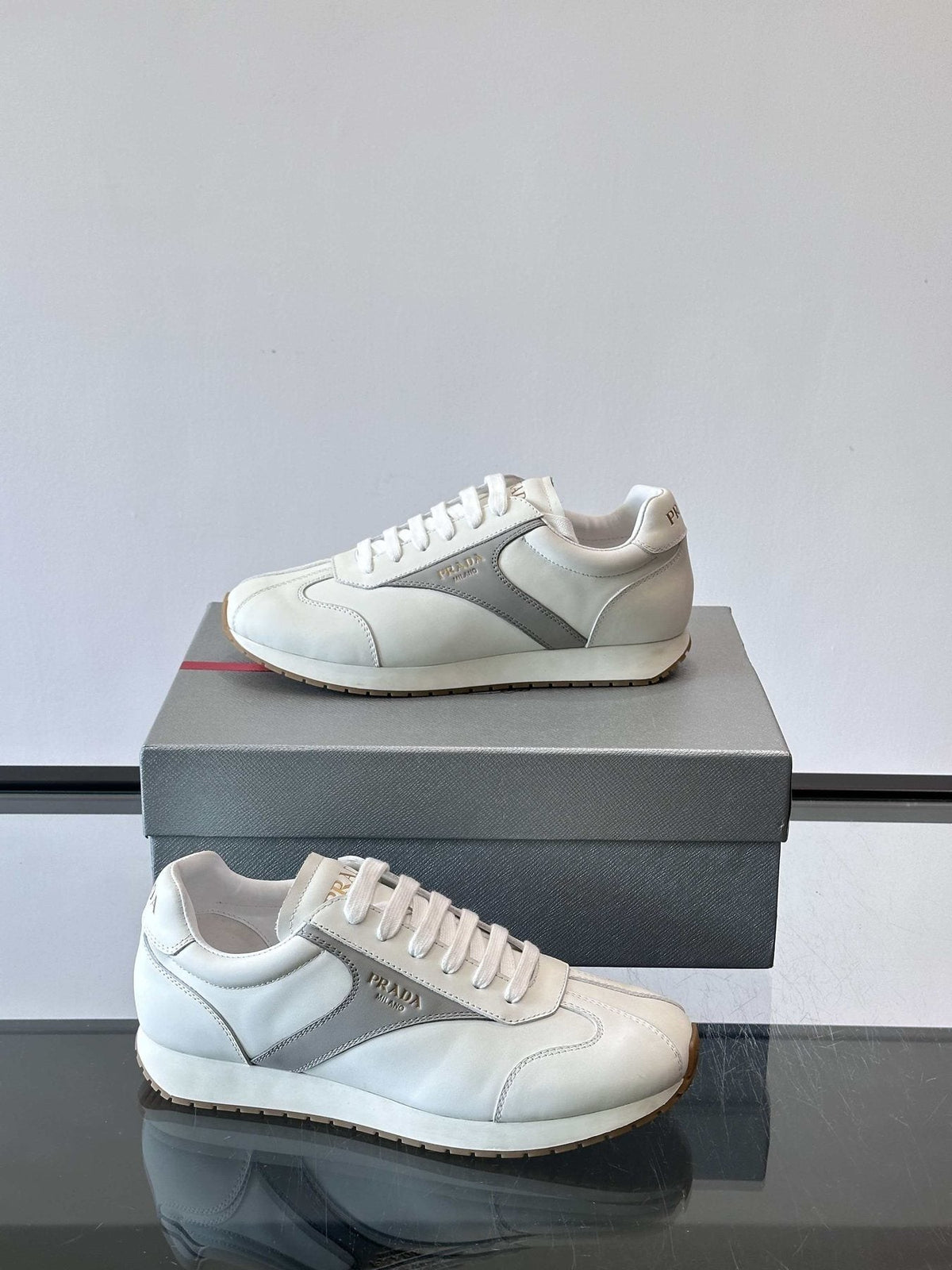 Prada White and Light Gray Sneakers — side