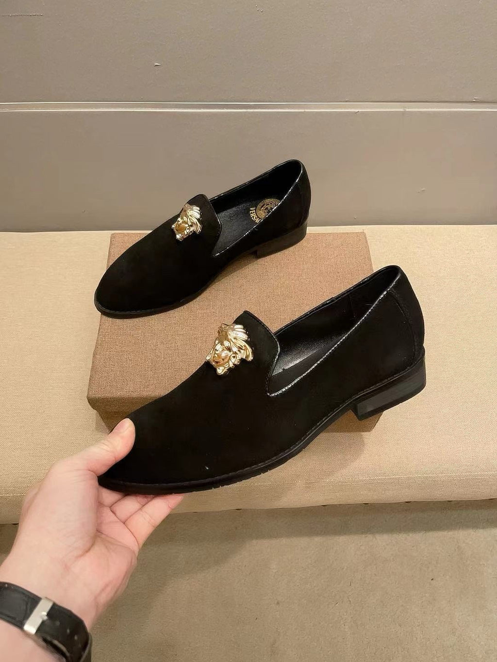 Versace Black Gold-Tone Ornament Loafers — side