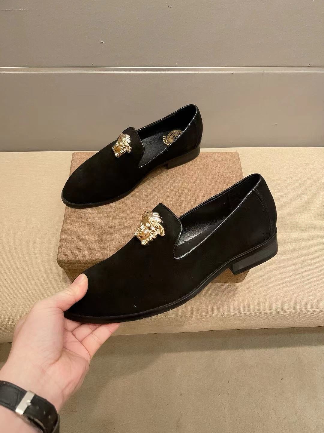 Versace Black Gold-Tone Ornament Loafers — side