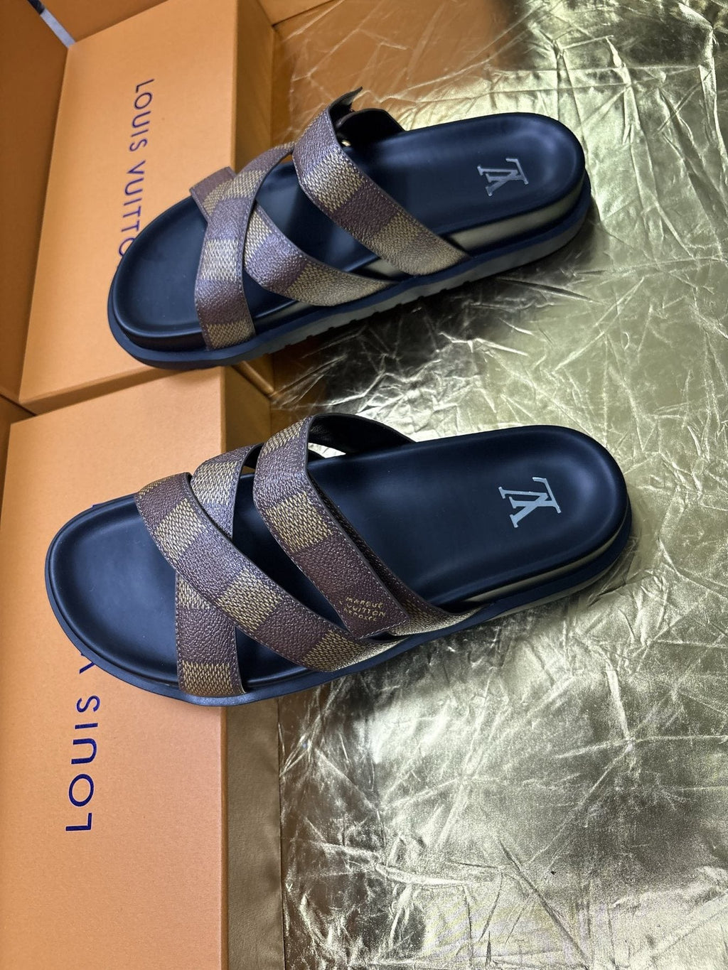 Louis Vuitton Checkered Cross-Strap Slide Sandals — side