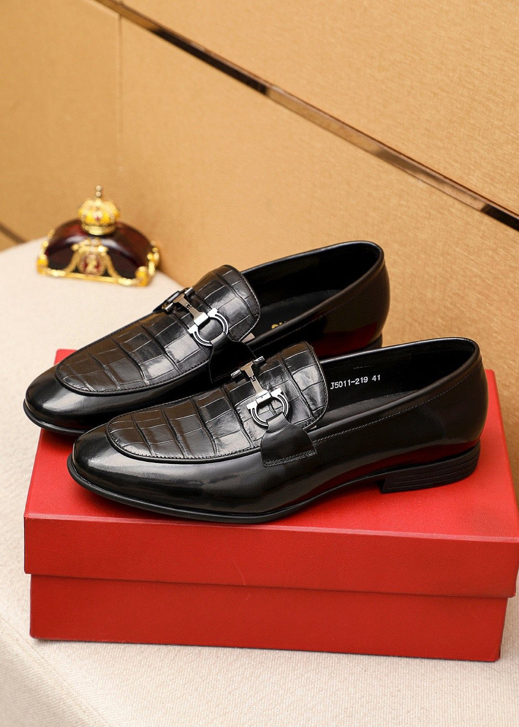 Ferragamo Black Embossed Buckle Loafers — front
