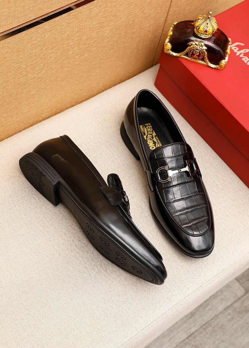Ferragamo Black Embossed Buckle Loafers — front