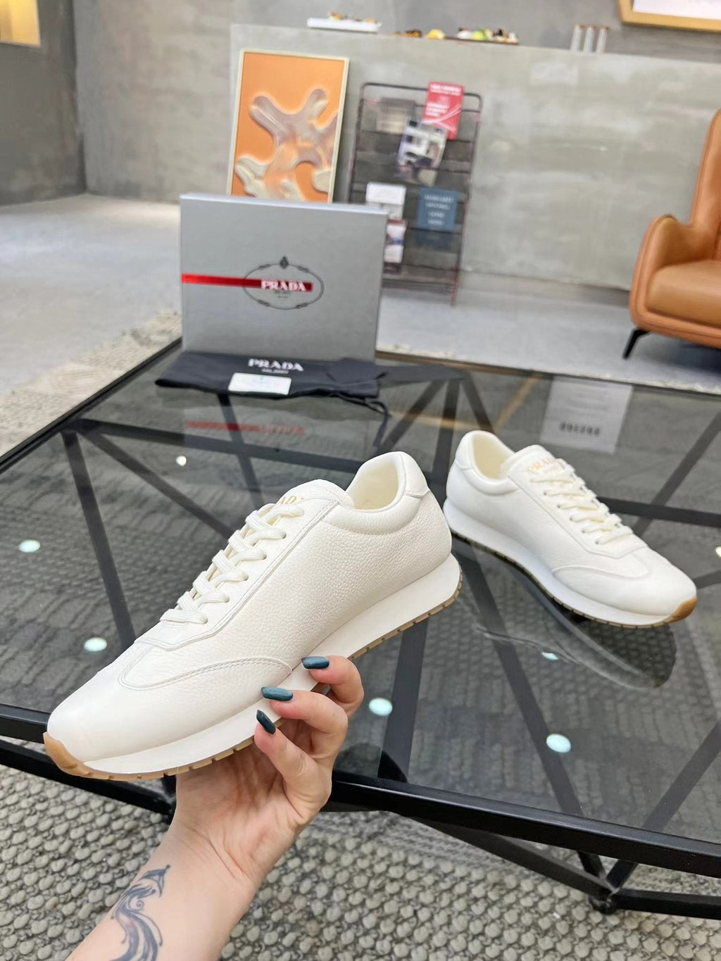 Prada White Beige Low-Top Sneakers — side