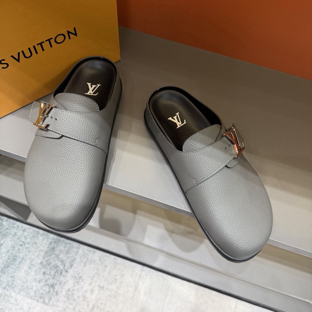 Louis Vuitton Light Gray Monogram Slip-On Sandals — front
