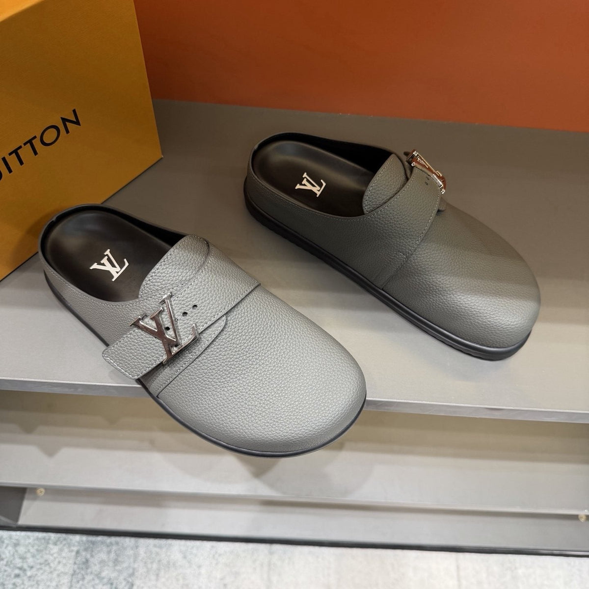 Louis Vuitton Light Gray Monogram Slip-On Sandals — front