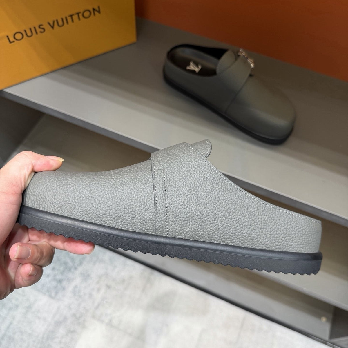 Louis Vuitton Light Gray Monogram Slip-On Sandals — side