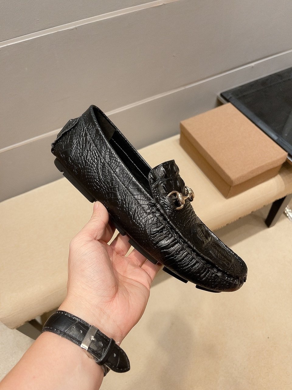 Gucci Black Textured Bit Driving Loafers — side