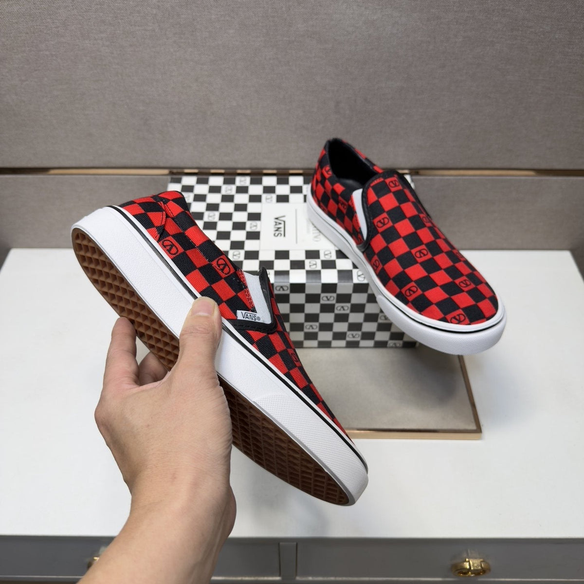 Vans Red and Black Checkerboard Slip-On Sneakers — model