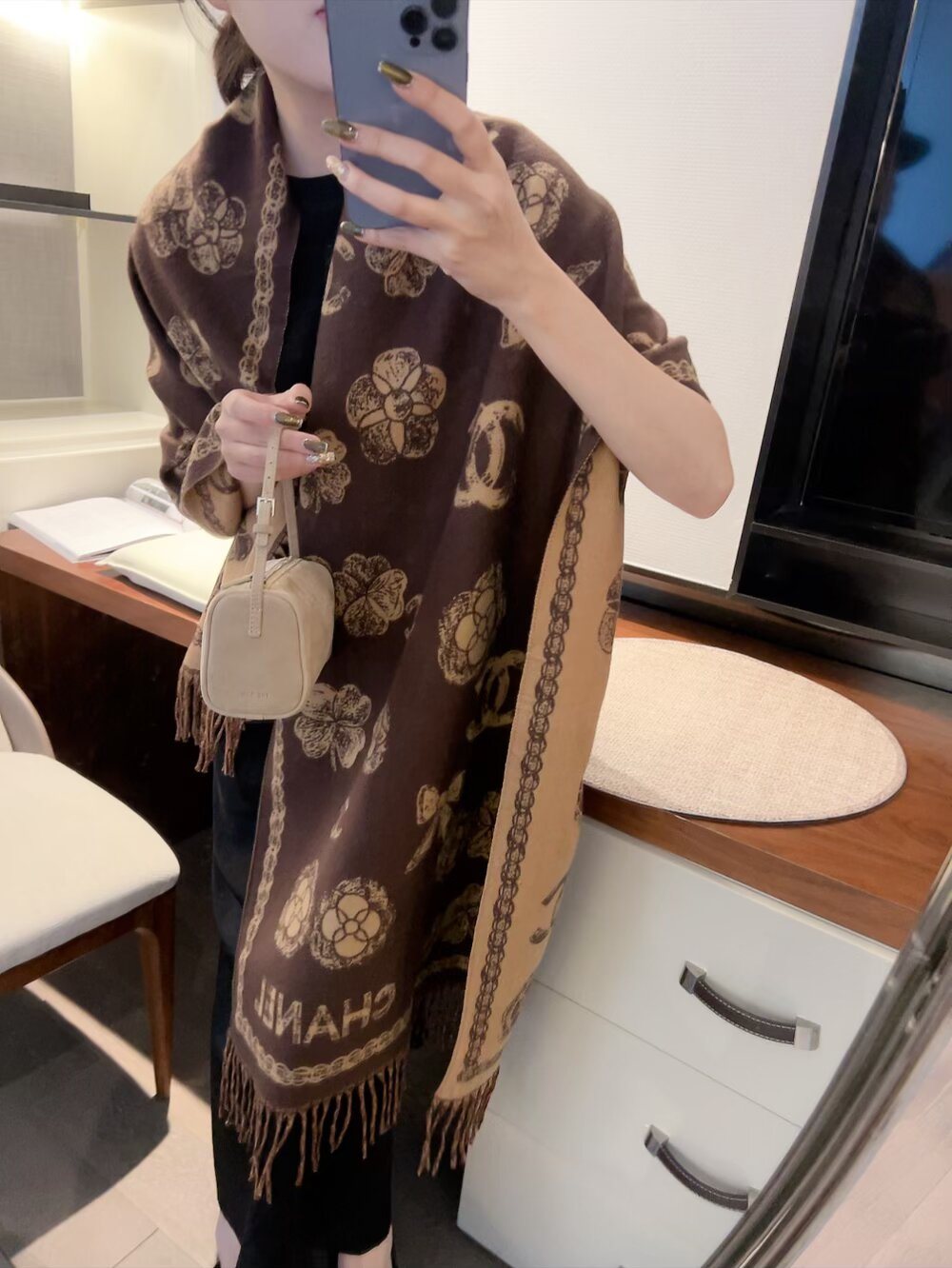 Chanel Logo-Pattern Fringed Scarf — model
