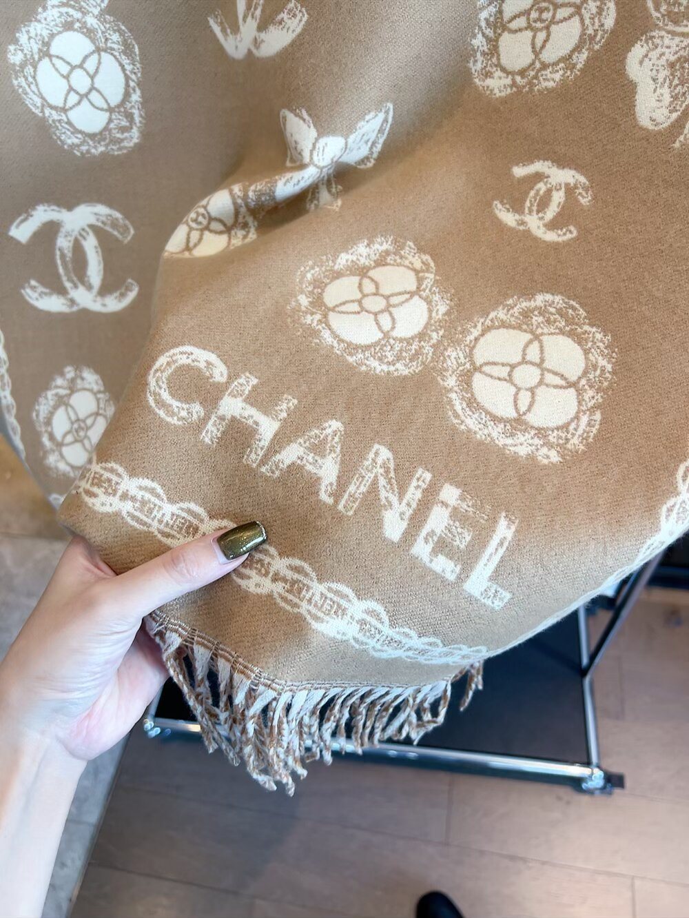Chanel Logo-Pattern Fringed Scarf — detail