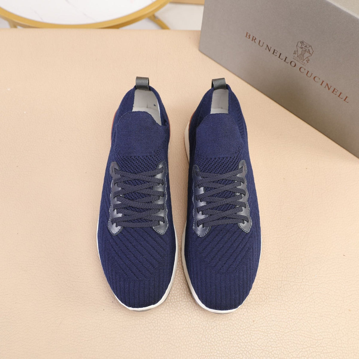 Brunello Cucinelli Navy Knit Sneakers — front