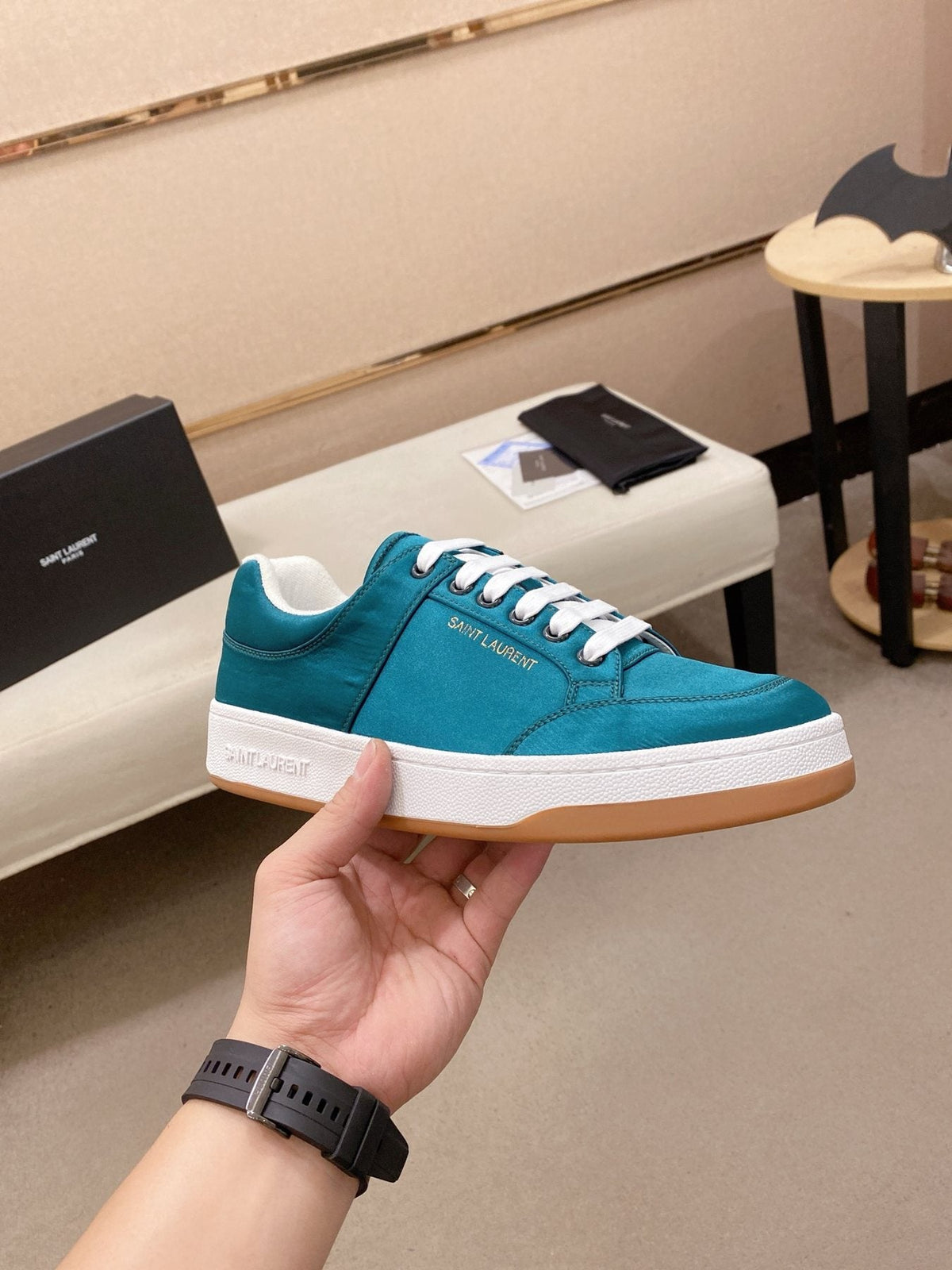 Saint Laurent Teal Blue Perforated Low-Top Sneakers — side