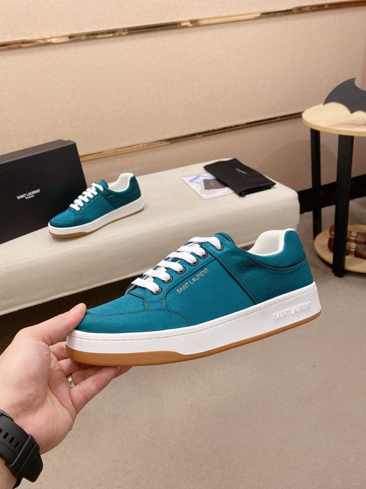 Saint Laurent Teal Blue Perforated Low-Top Sneakers — side