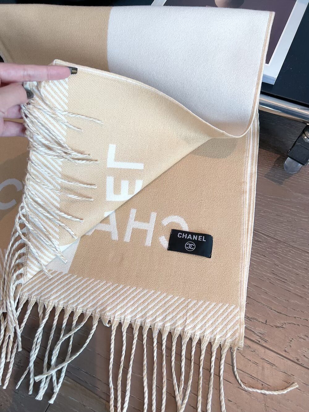 Chanel Logo Panel Fringed Scarf — front