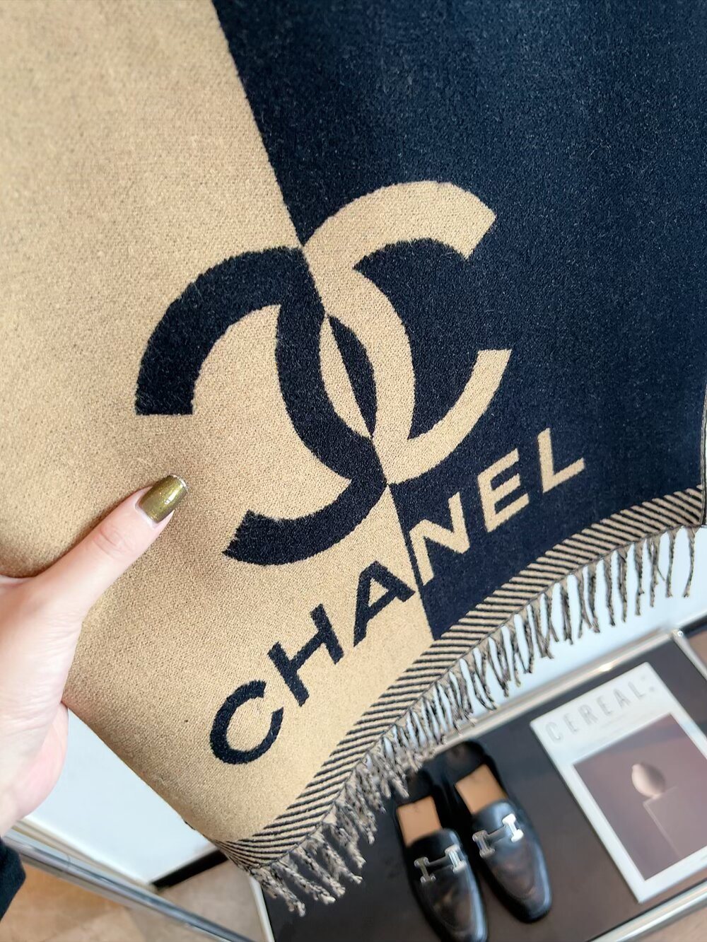 Chanel Logo Panel Fringed Scarf — detail