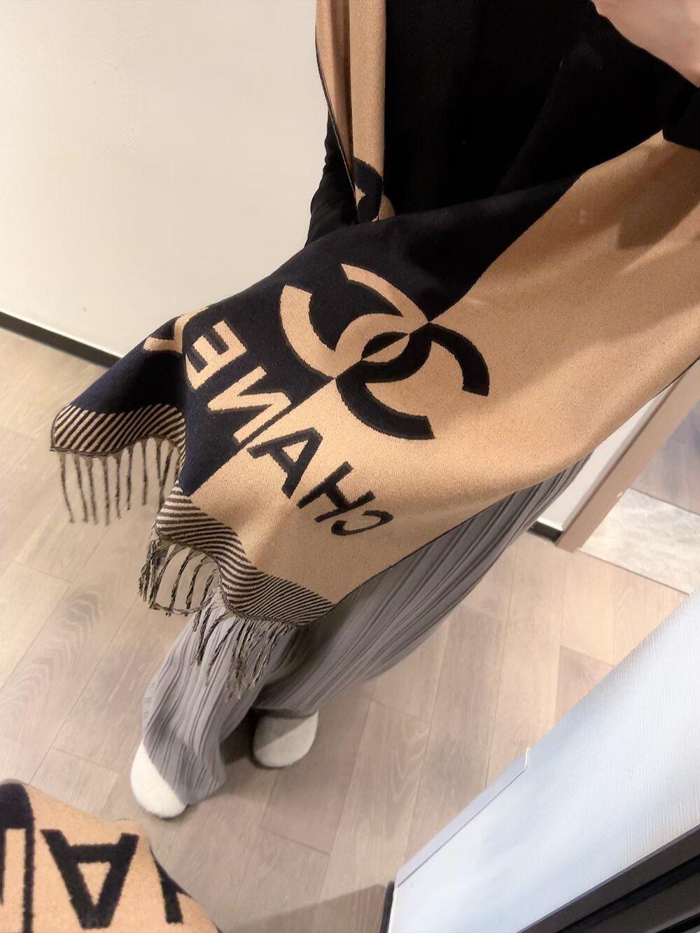 Chanel Logo Panel Fringed Scarf — model