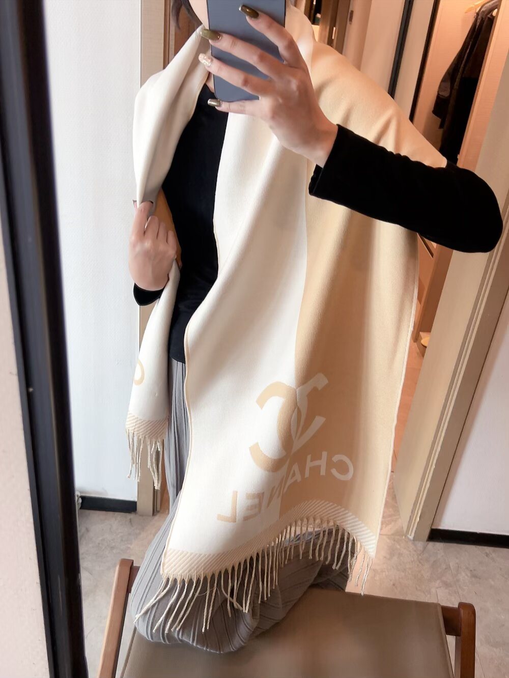 Chanel Logo Panel Fringed Scarf — model