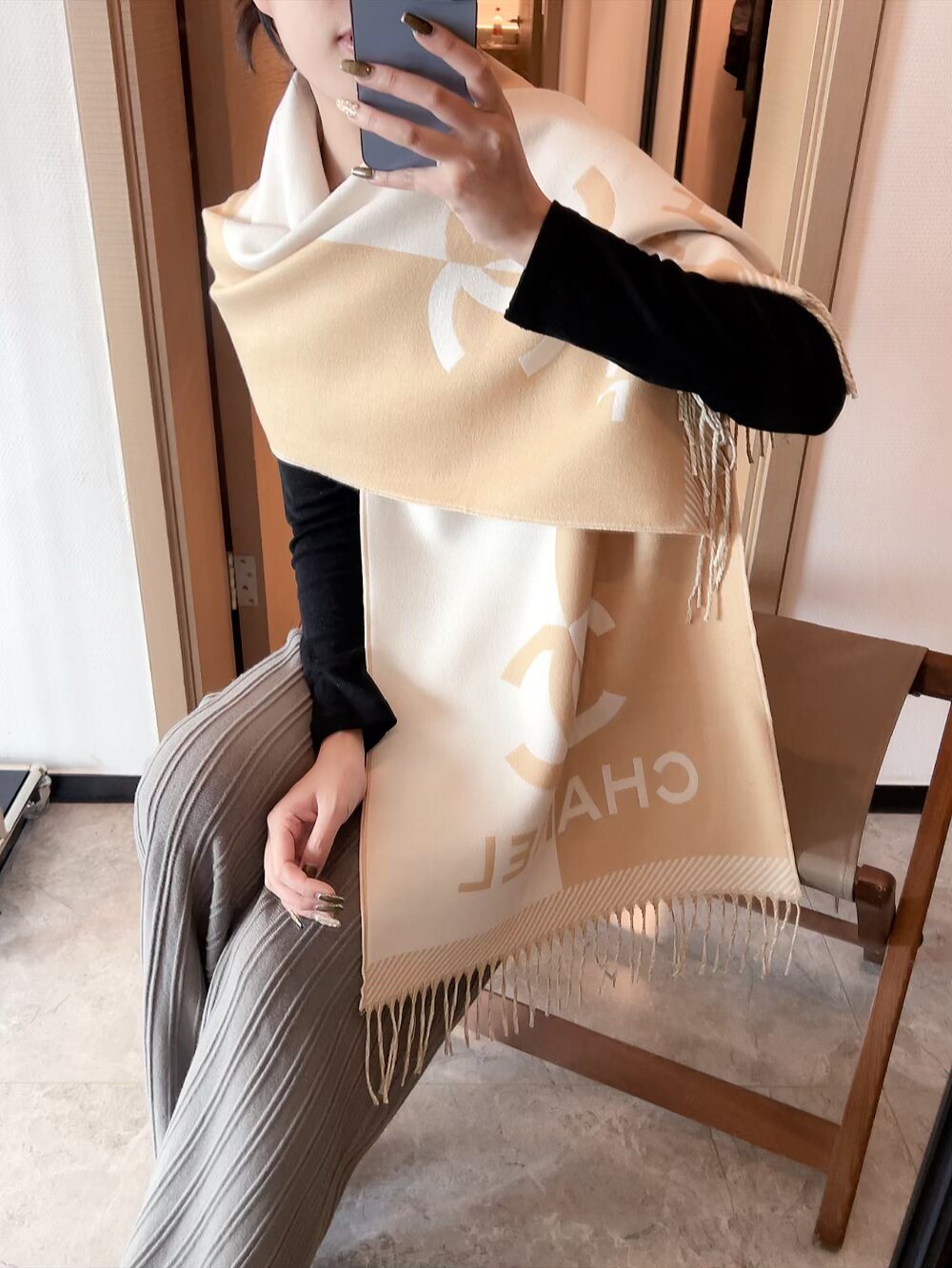 Chanel Logo Panel Fringed Scarf — model