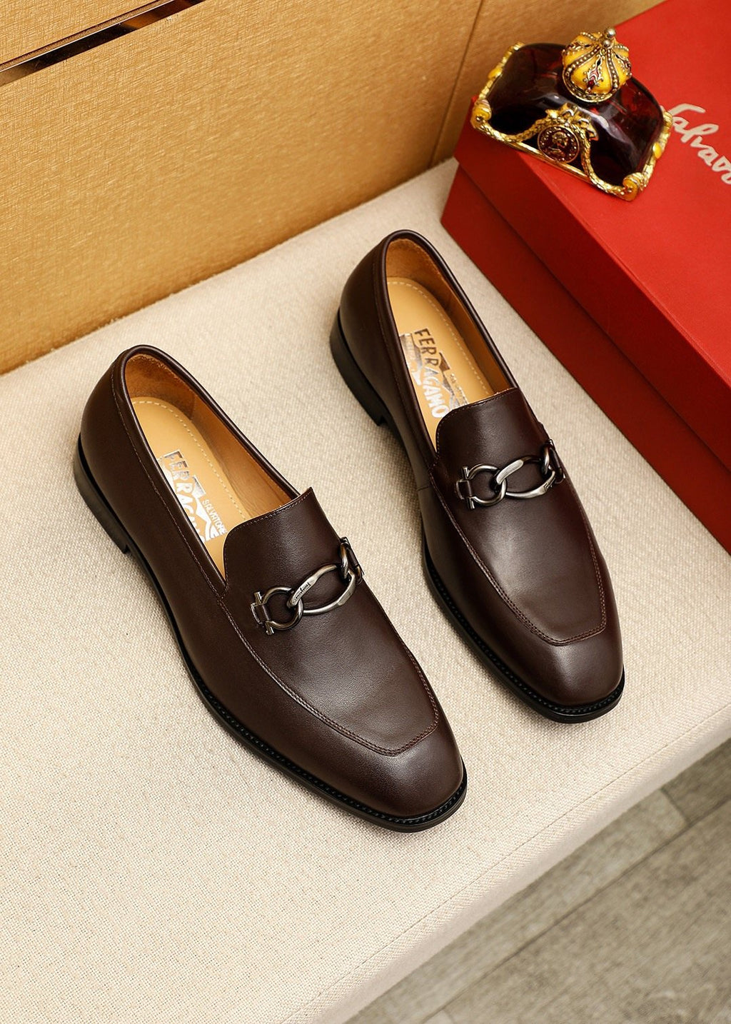 Ferragamo Brown Hardware Loafers — hero