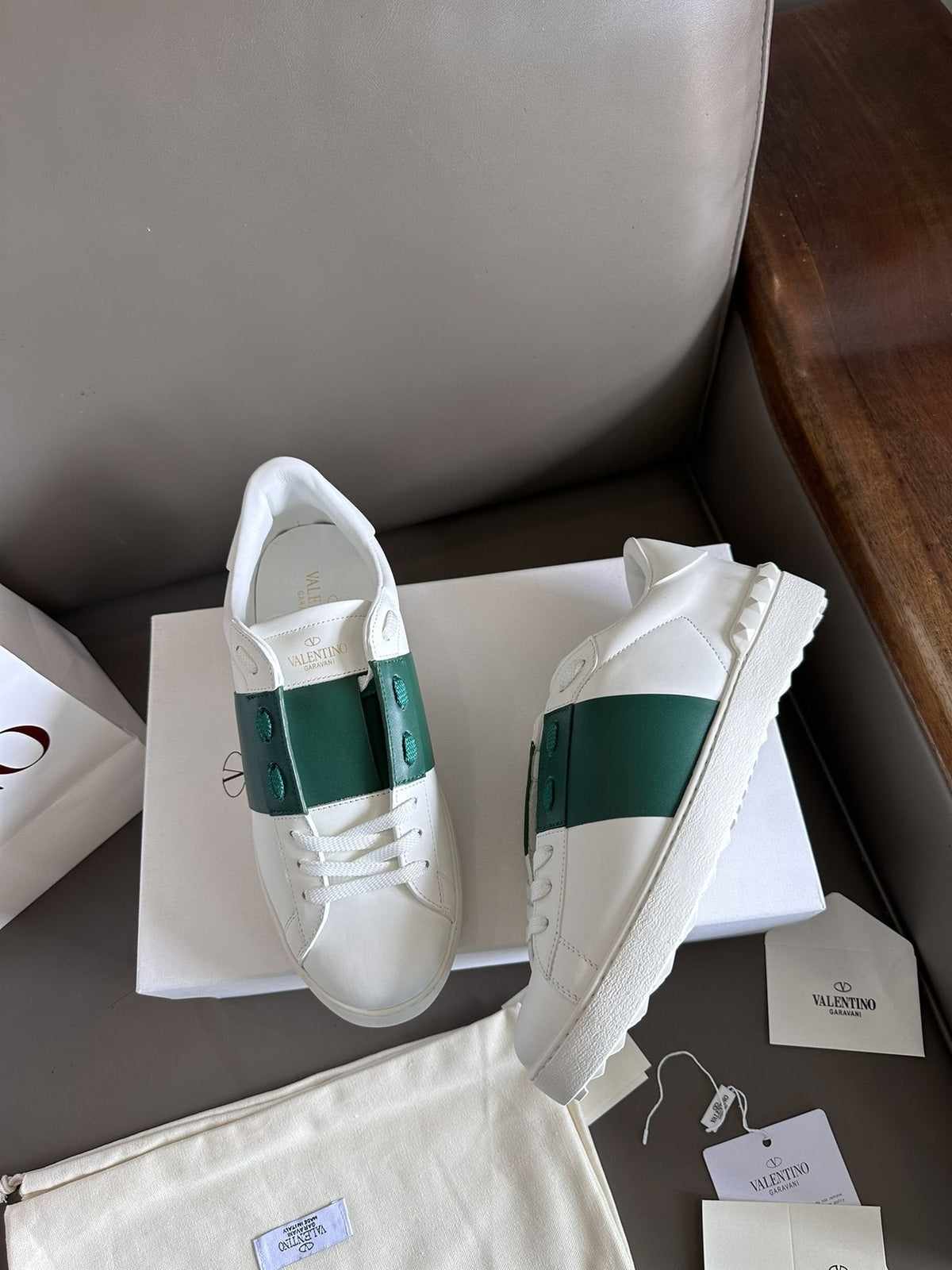 Valentino White and Green Studded Low-Top Sneakers — front