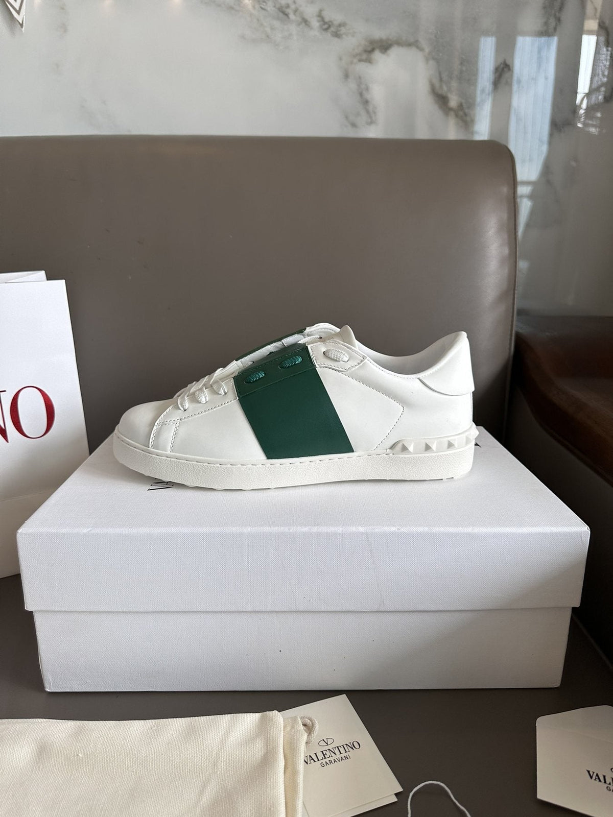 Valentino White and Green Studded Low-Top Sneakers — side