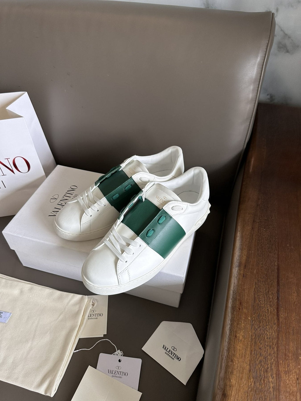 Valentino White and Green Studded Low-Top Sneakers — front