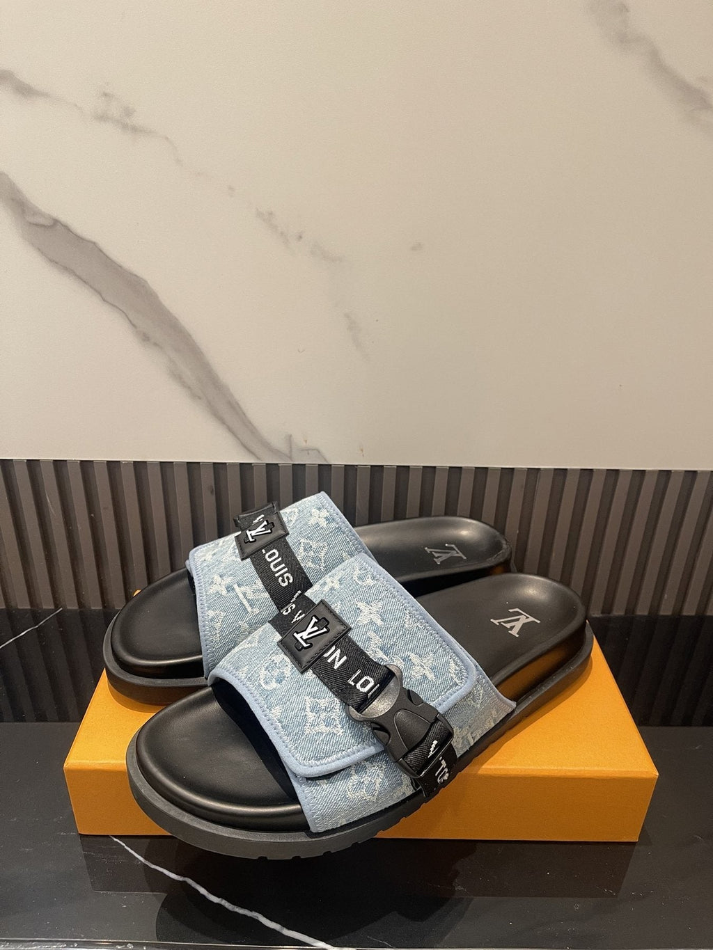 Louis Vuitton Light Blue and Black Slide Sandals — side