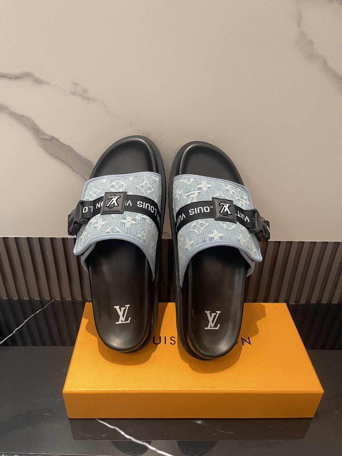 Louis Vuitton Light Blue and Black Slide Sandals — hero