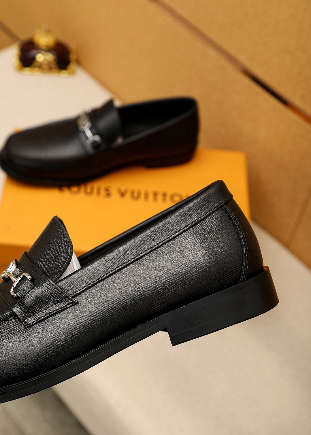 Louis Vuitton Black Textured Metal-Bit Loafers — side