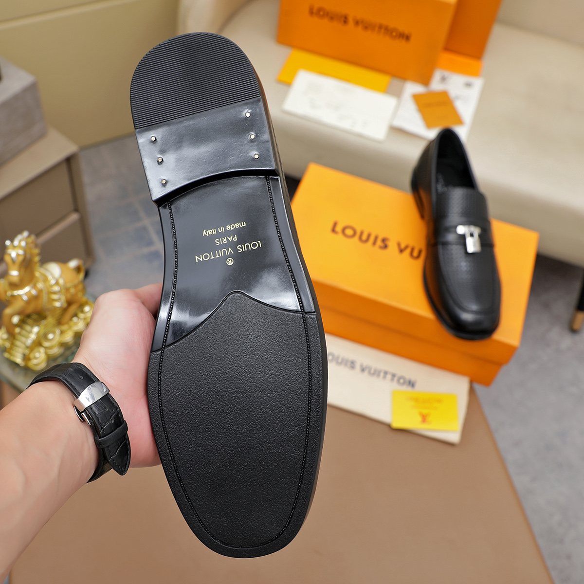 Louis Vuitton Black Textured Loafers — detail
