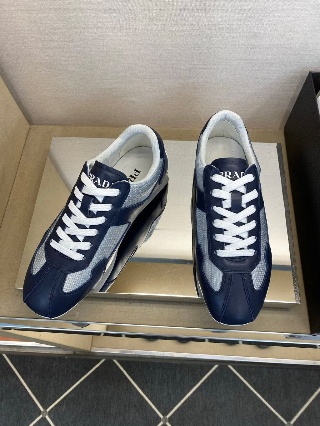 Prada Navy Blue Panel Low-Top Sneakers — front