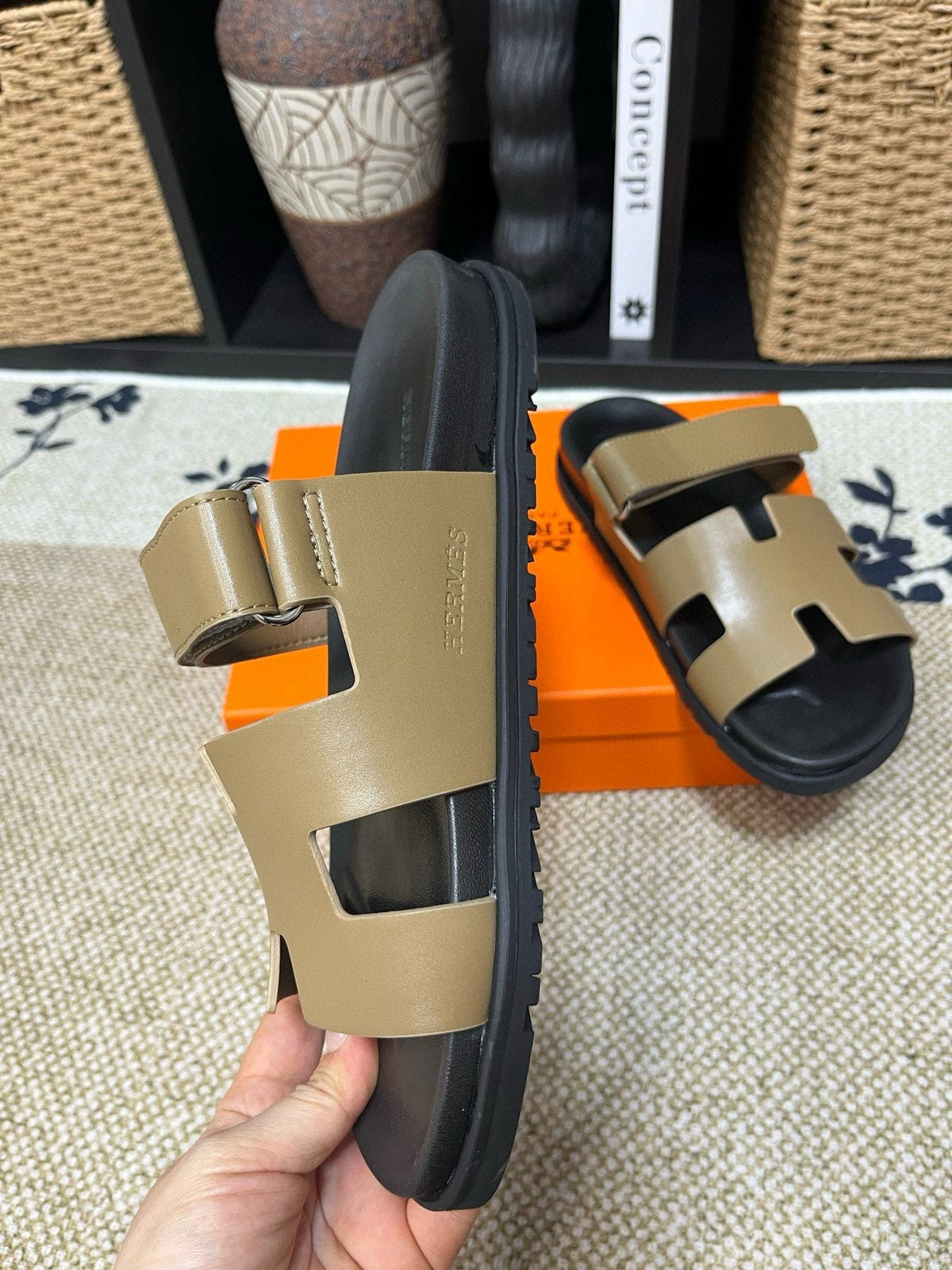 Hermes Kazimir Tan and Black Slide Sandals — side