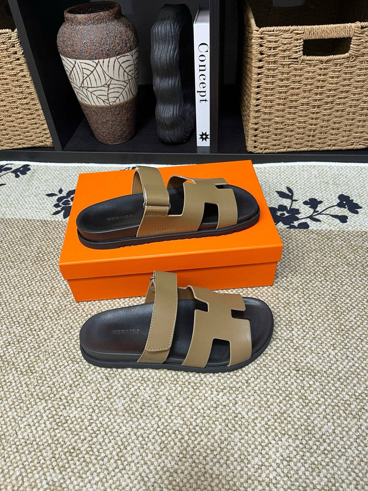 Hermes Kazimir Tan and Black Slide Sandals — side