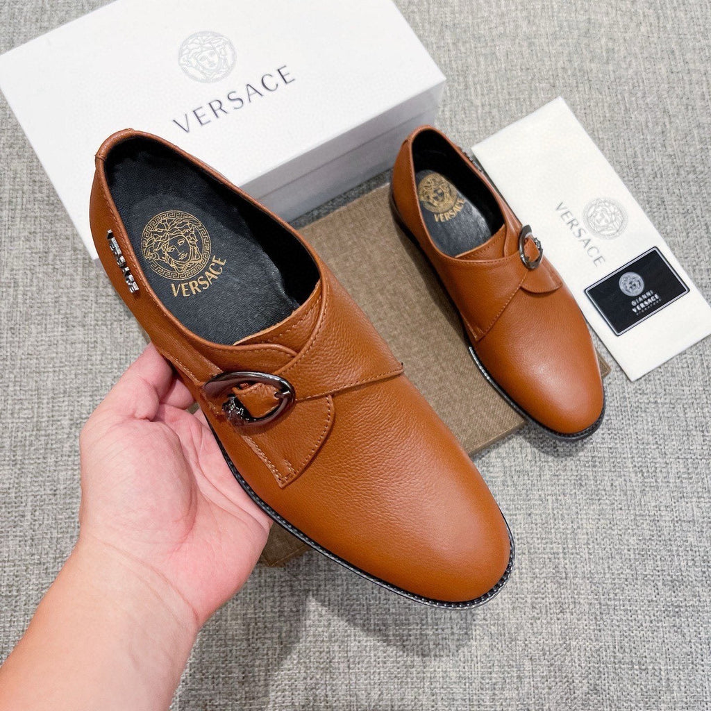 Versace Tan Brown Metal Detail Slip-On Shoes — model