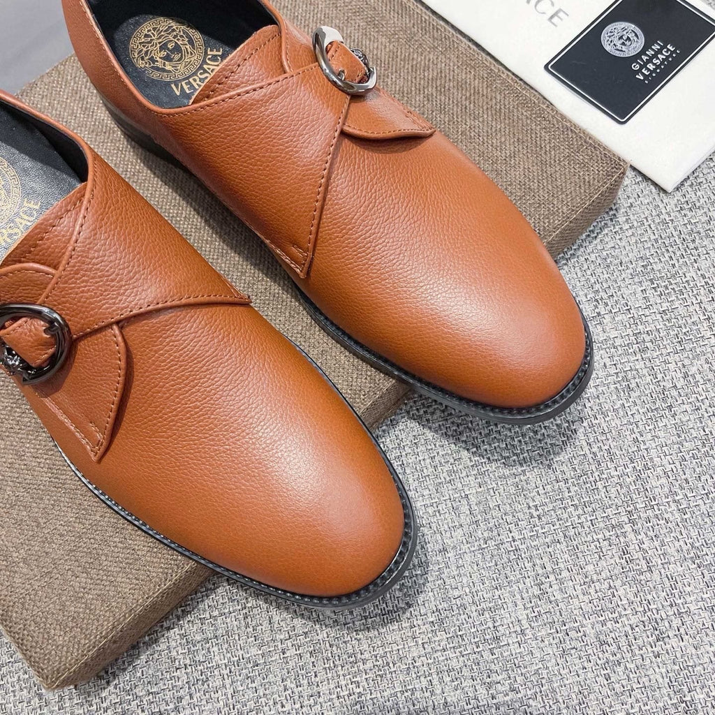 Versace Tan Brown Metal Detail Slip-On Shoes — front