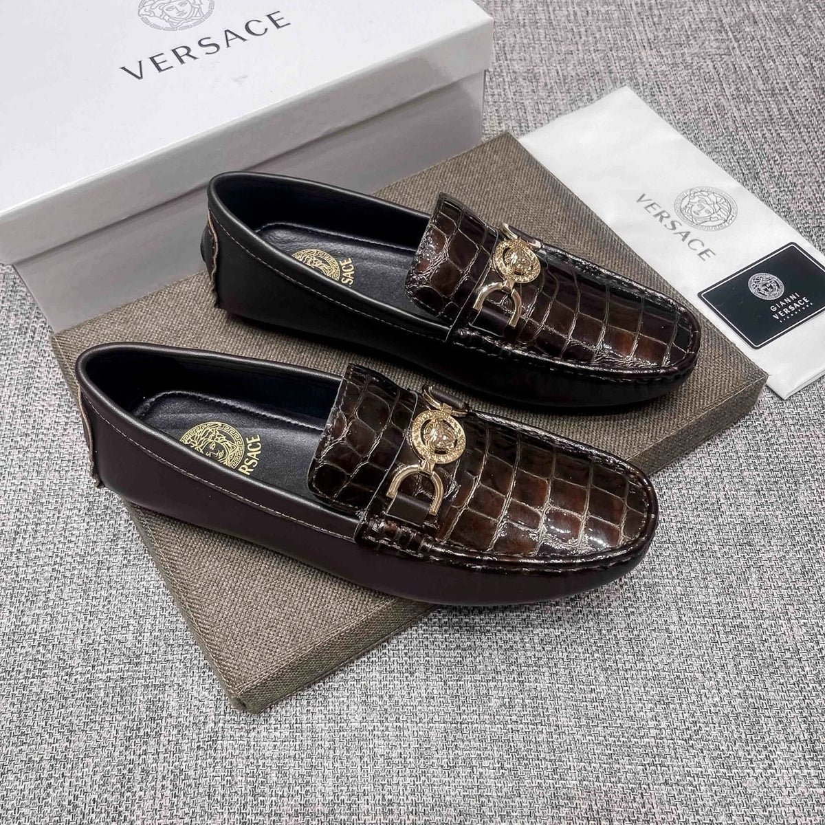 Versace Dark Brown Croc-Embossed Loafers — hero