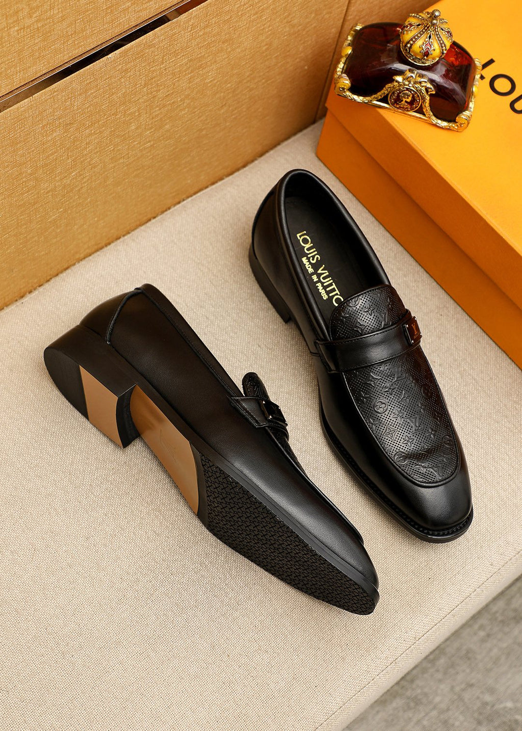 Louis Vuitton Black Embossed Loafers — front