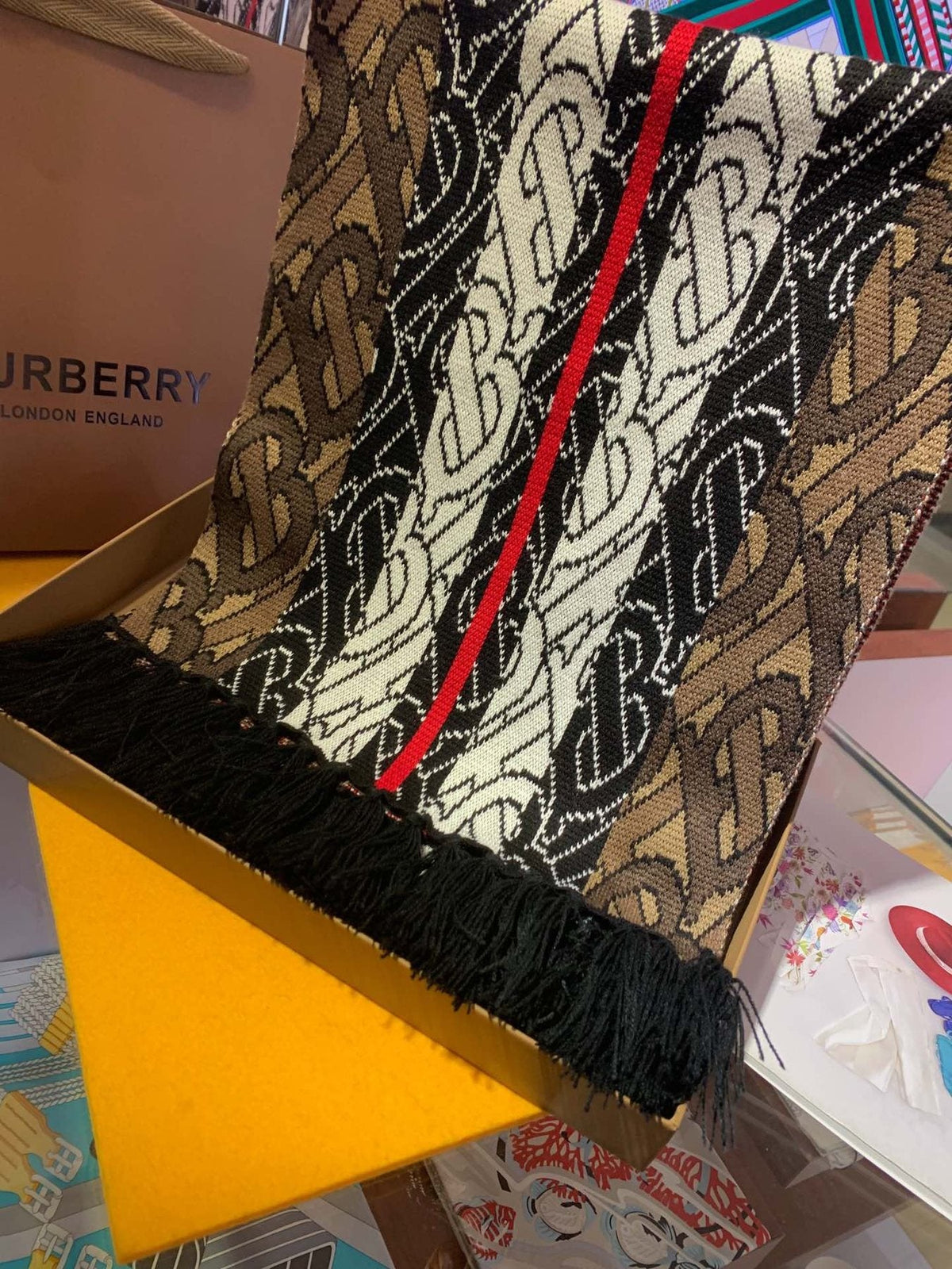 Burberry Patterned Fringed Scarf — detail
