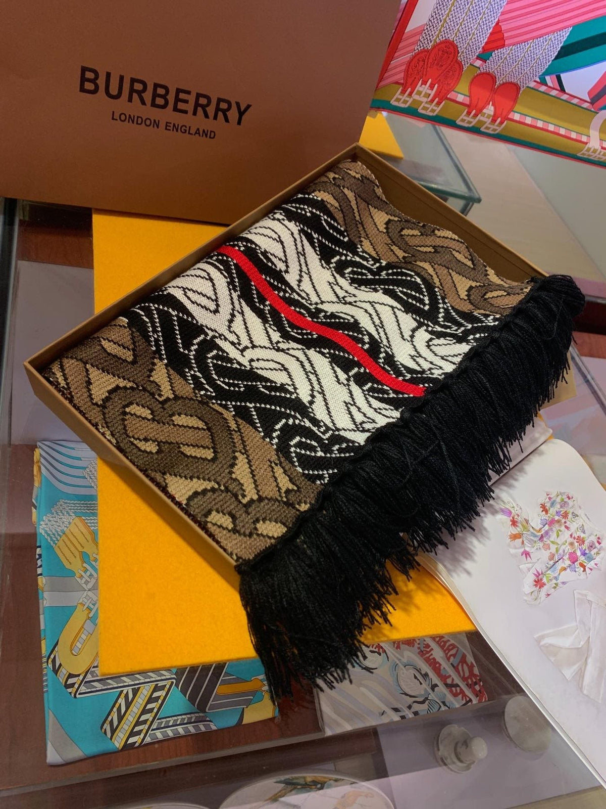 Burberry Patterned Fringed Scarf — front