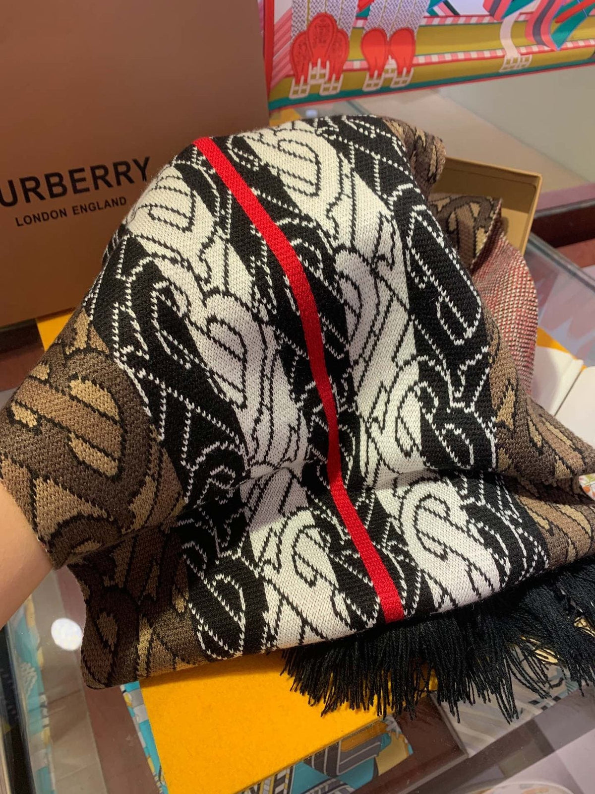 Burberry Patterned Fringed Scarf — model